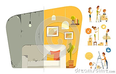 Happy family home house flat apartment room repair. Before and a Vector Illustration