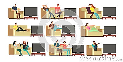 Happy family at home watching tv. Young couple resting on comfortable couch vector set Vector Illustration