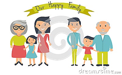 Happy family illustration. Father, mother, grandparents, son and daughter portrait with banner. Cartoon Illustration