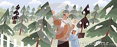 Happy family with kid buying Xmas tree at local Christmas market sale with real live eco-friendly firs. People during Vector Illustration