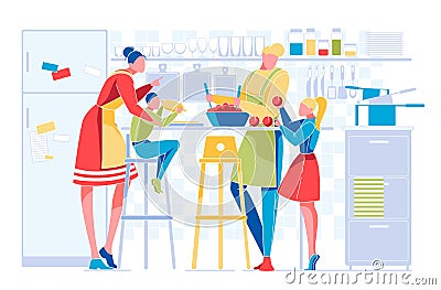 Happy Family with Kids Everyday Routine on Kitchen Vector Illustration