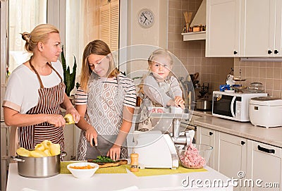 Happy Family in the Kitchen. Mother and Daughters Cooking. Cooking Activity, Cooking at Home , Domestic Food,Concept Stock Photo