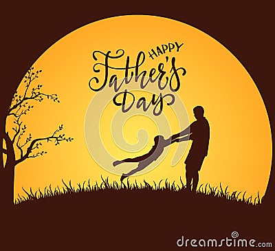 Happy Family and Lettering Fathers Day on Orange Moon Background Vector Illustration