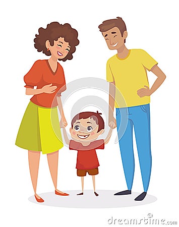 Happy family. Little boy holding hands with parents. People are laughing. Vector illustration. Vector Illustration