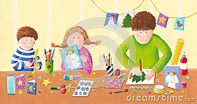 Happy family making Christmas postcards Cartoon Illustration