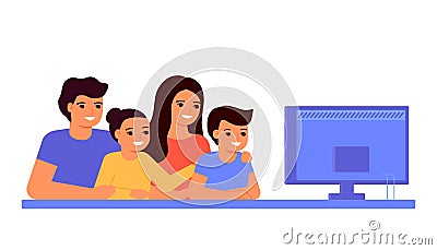 Happy family man, woman and children sitting at home and watching TV. People watch videos, parents and kids. Rest, communication, Vector Illustration