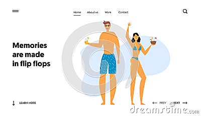 Happy Family Man and Woman Enjoying Exotic Cocktails on Seaside. Honeymoon Trip, People Have Fun on Summer Vacation Vector Illustration