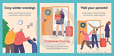 Happy Family Meeting Grandparents for Christmas Cartoon Banners. Mother, Father and Little Kids Arrived for Holidays Vector Illustration