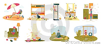 Happy Family Member Rest Isolated People Scene Set Vector Illustration
