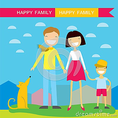 Happy family members parents,their son and a dog. Lovely cartoon characters on nature sunny summer day background Cartoon Illustration