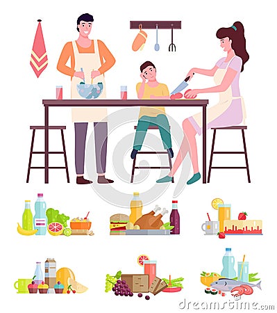 Happy family mom dad and son cooking in kitchen vector illustration. Prepearing family dinner Vector Illustration