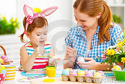 Happy family mother and child girl paints eggs for Easter Stock Photo