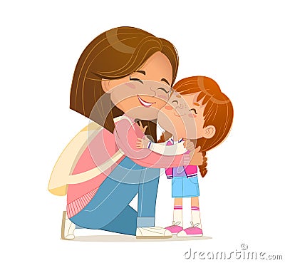 Happy family mother and daughter hugging to each other feeling love tenderness vector illustration Vector Illustration