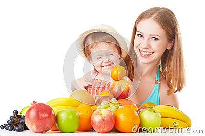 Happy family mother and daughter little girl, eat healthy vegetarian food, fruit isolated Stock Photo