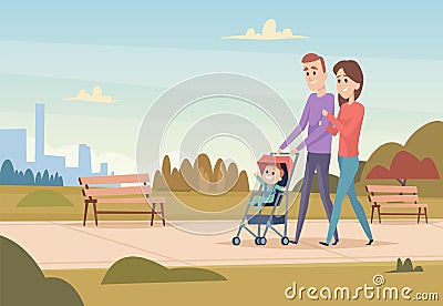Happy family. Mother and father with children love family couple outdoor playing with kids boys and girls vector Vector Illustration