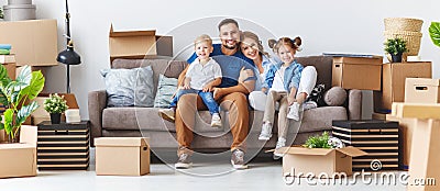 Happy family mother father and children move to new apartment an Stock Photo