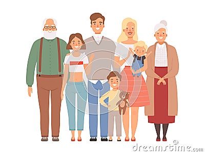 Happy family. Mother father kids and grandparents standing together vector big family portrait Vector Illustration