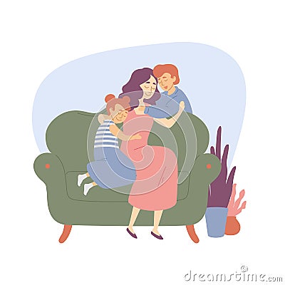 Happy family mother hugs children daughter and son brother and sister Love, happiness. Vector Illustration