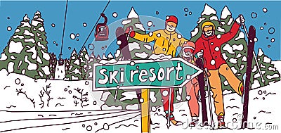 Happy family mountain skiing snow winter resort vacation Vector Illustration