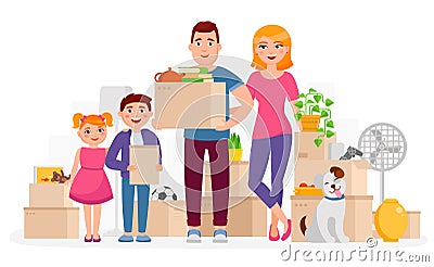 Happy family move into new home place vector flat illustration. Mother, father and children keeping cardboard boxes with Vector Illustration