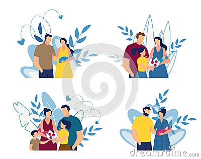 Happy Family and Newborn Baby Cartoon Floral Set Vector Illustration