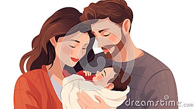 Happy family with newborn baby. Young parents and newborn son in hands. Mother, father holding infant together with love. Cartoon Illustration
