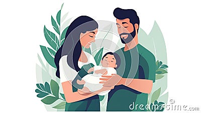 Happy family with newborn baby. Young parents and newborn son in hands. Mother, father holding infant together with love. Cartoon Illustration