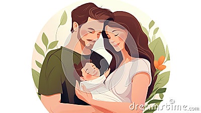 Happy family with newborn baby. Young parents and newborn son in hands. Mother, father holding infant together with love. Cartoon Illustration