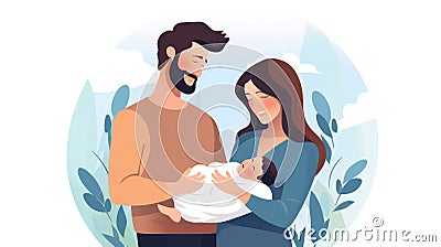 Happy family with newborn baby. Young parents and newborn son in hands. Mother, father holding infant together with love. Cartoon Illustration