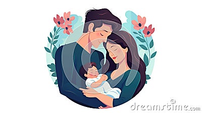 Happy family with newborn baby. Young parents and newborn son in hands. Mother, father holding infant together with love. Cartoon Illustration