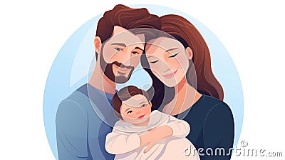 Happy family with newborn baby. Young parents and newborn son in hands. Mother, father holding infant together with love. Cartoon Illustration