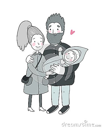 Happy family with newborns. Mom, dad and kids on a walk. Cute cartoon couple and baby Vector Illustration