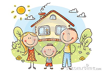 Happy family with one child near their house Vector Illustration