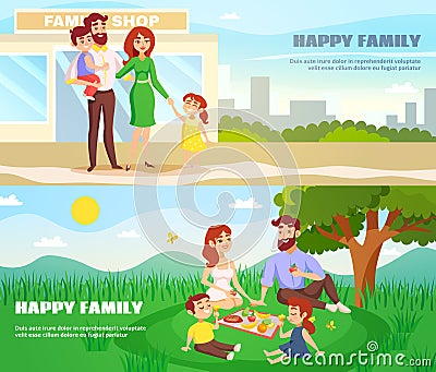 Happy Family Outdoor Horizontal Banners Vector Illustration