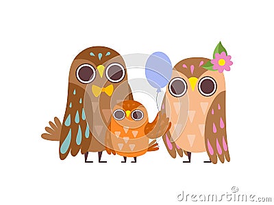 Happy Family of Owls, Father, Mother and Their Baby Owlet Posing with Balloon, Cute Cartoon Birds Characters Vector Vector Illustration