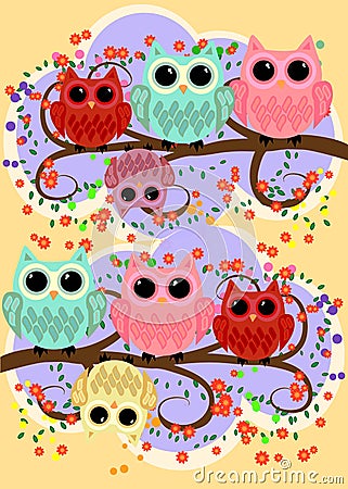 Happy family of owls on flowering tree branches. Daddies, mothers and children, grandparents. Spring, summer, honeymoon Vector Illustration