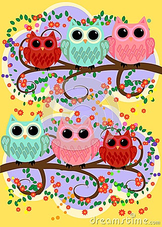 Happy family of owls on flowering tree branches. Daddies, mothers and children, grandparents. Spring, summer, honeymoon Vector Illustration