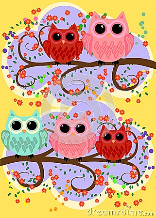 Happy family of owls on flowering tree branches. Daddies, mothers and children, grandparents. Spring, summer, honeymoon Vector Illustration