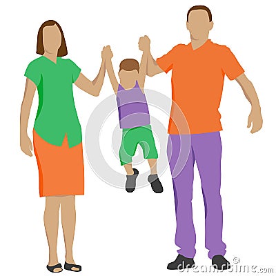 Happy family, parent with child. Father and mother raise their son by the hands. Vector Vector Illustration