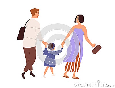 Happy family, parent and kid, walking and holding by hands together. Mother, father and daughter strolling. Adults and Vector Illustration