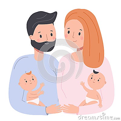 Happy family. Parents with babies. Man and woman nurse toddlers. Young father and mother with newborn children Vector Illustration