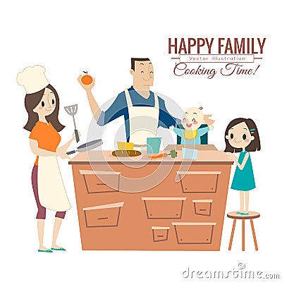 Happy family with parents and children cooking in kitchen Vector Illustration