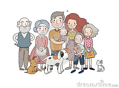 A happy family. Parents with children. Cute cartoon dad, mom, daughter, son and baby. grandmother and grandfather. Vector Illustration