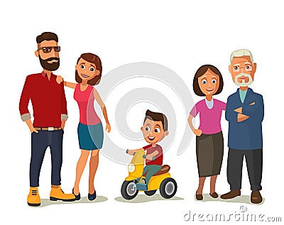 Happy family. Parents, grandparents and child on a tricycle. Vector Illustration