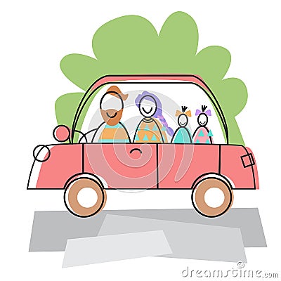 Happy Family Parents Two Children Car Drive Travel Vector Illustration