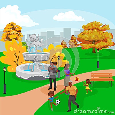 Happy family in park with fountain, boys and girls playing outdoors around garden waterfall, casual people in vacation Vector Illustration