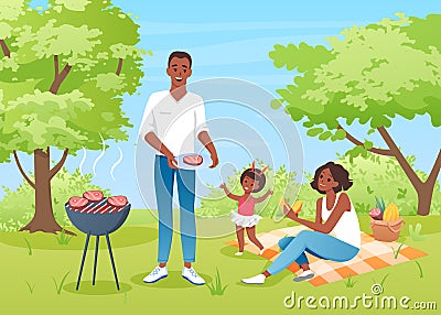 Happy family people on bbq picnic, mother father and girl characters have fun together Vector Illustration