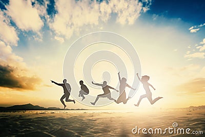 Happy family people friends smiley celebrate jump sunrise beach weekend win celebrate images, wellness team faith support fitness Stock Photo