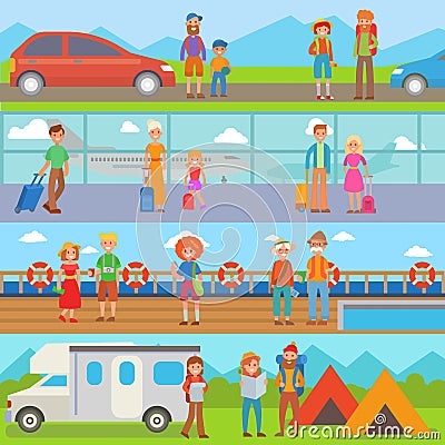 Happy family people with suitcases vacation summer travel lifestyle tourist characters vector illustration. Vector Illustration