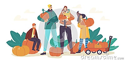 Happy Family Picking Pumpkins at Autumn Garden. Mother, Father and Children Harvesting Ripe Plants for Celebration Vector Illustration